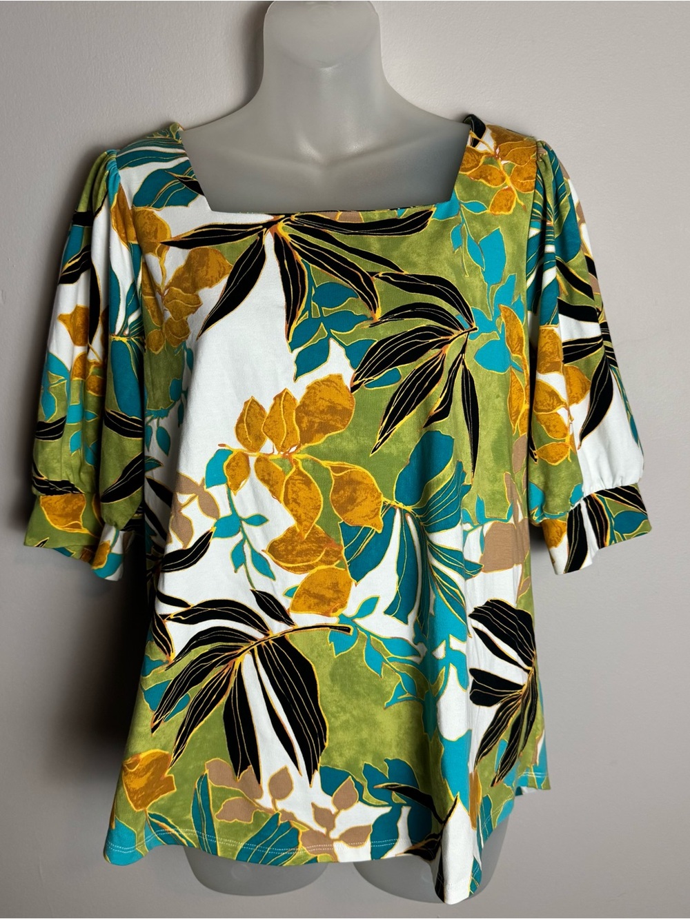 Chico's Botanical Tropical Print Square Neck Puff Sleeve Blouse Size Large